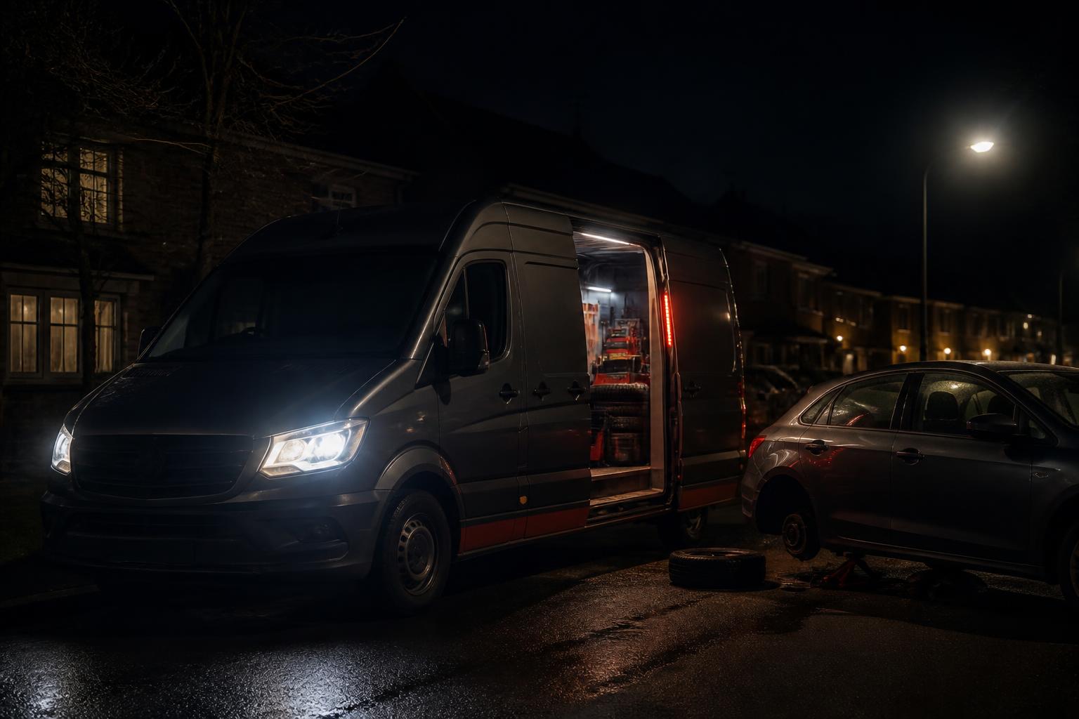 Mobile tyre fitting van responding at night